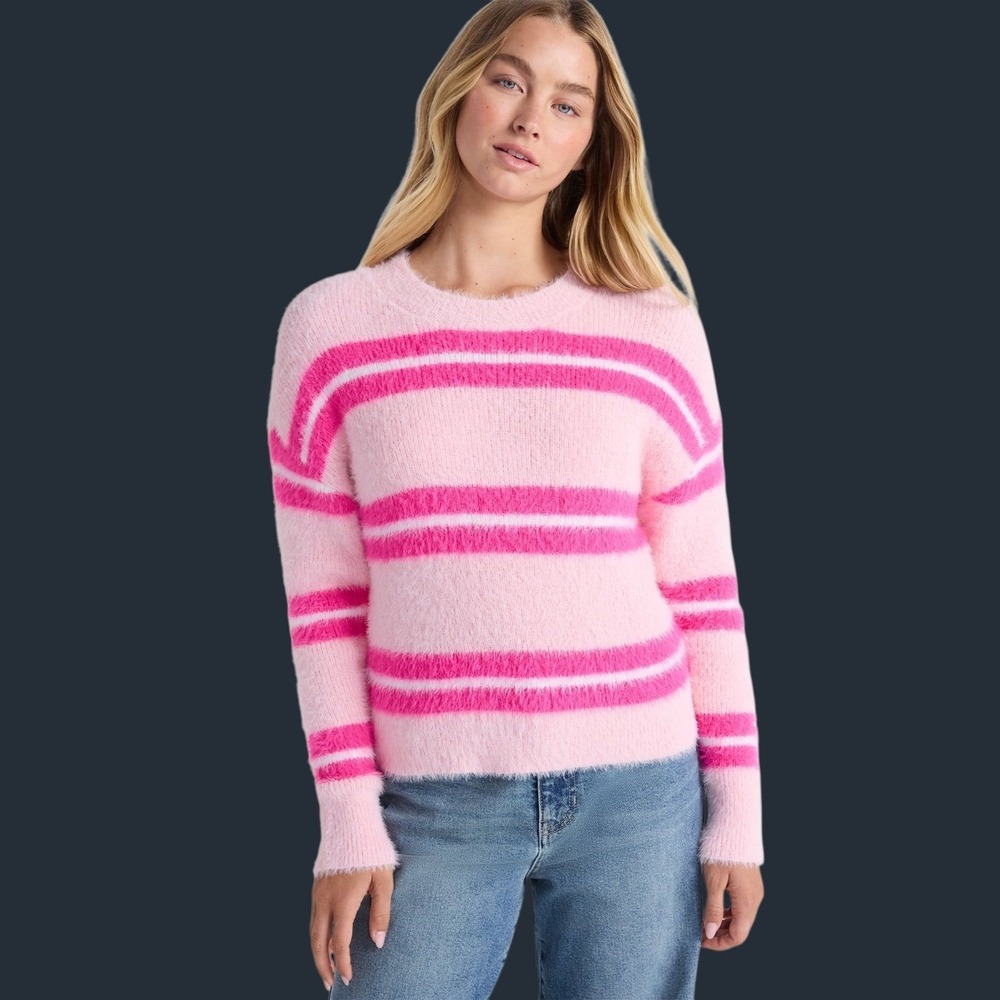 No Boundaries XS(0-2) Striped Feather Sweater Pink Fuzzy Eyelash Knit Soft Cozy